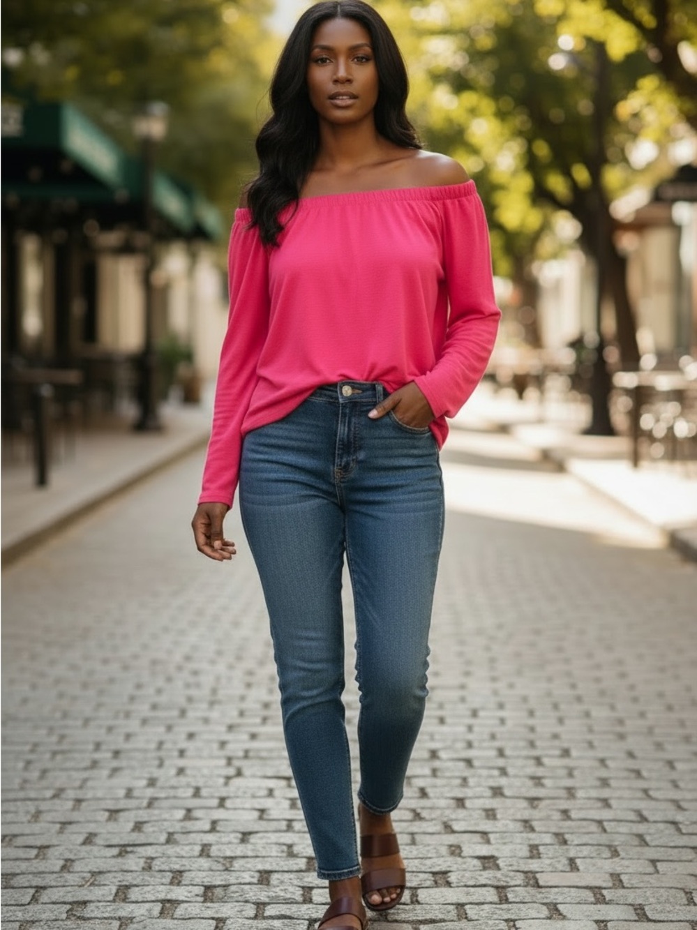 Hot Pink Off Shoulder Top Women’s Medium Long Sleeve Blouse Stretchy Casual
